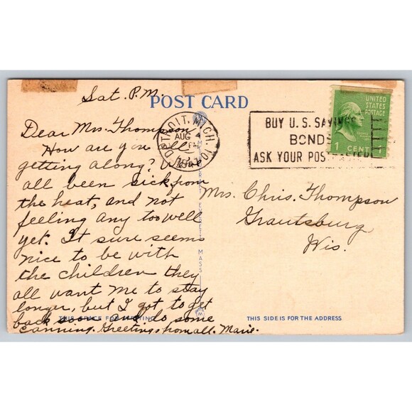 Postcard Michigan Detroit Heart by Moonlight Linen c1940s Posted River Stamp MI - Picture 2 of 2